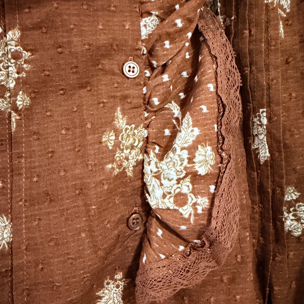 Anthropologie style Womens Brown Floral Ruffle Blouse S Cotton Swiss Dot Pintuck - Picture 4 of 14